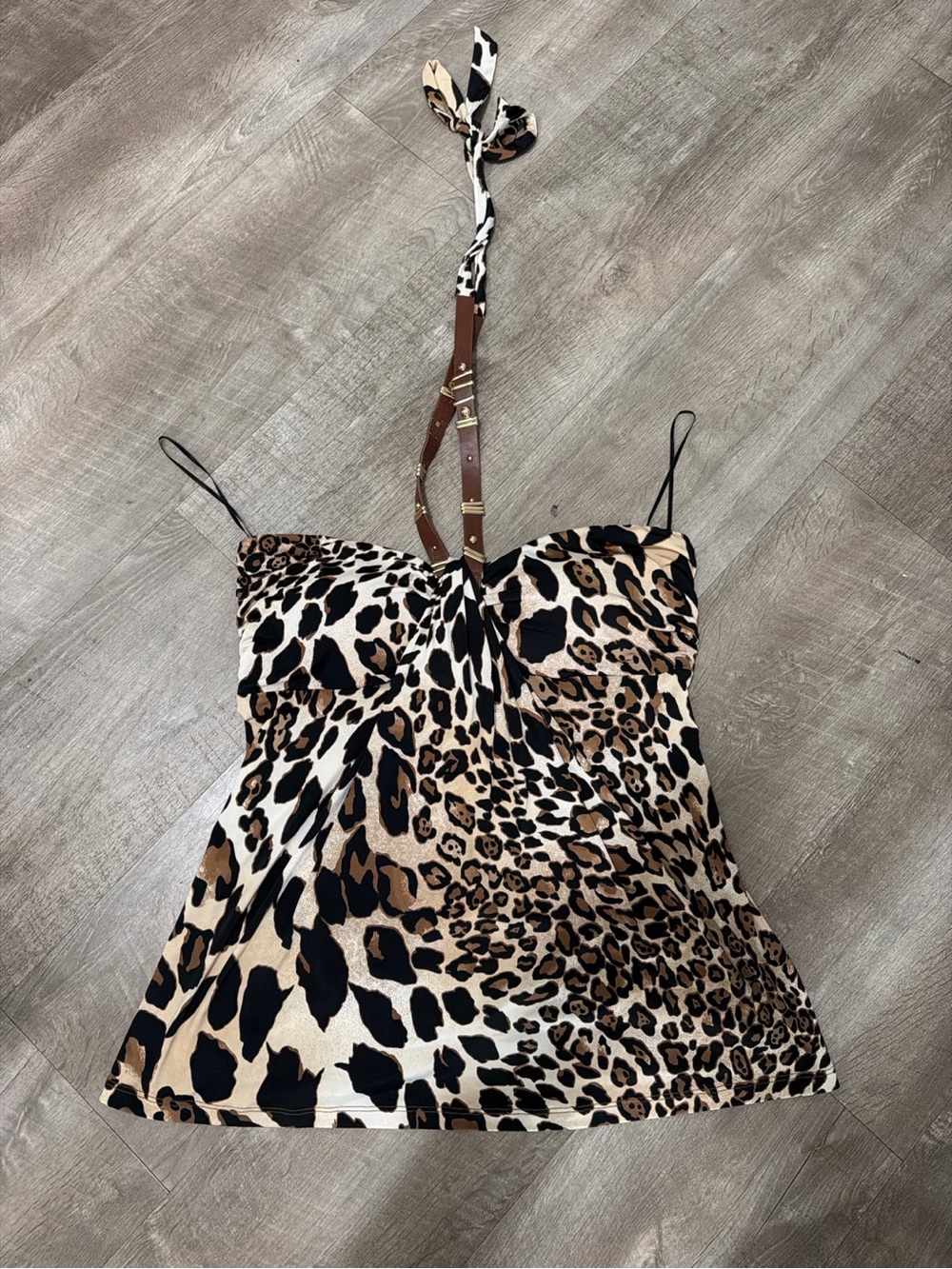 Cache Leopard Halter Tank Top - Black/Tan/Cream